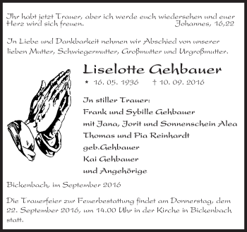 Traueranzeige von Liselotte Gehbauer von Trauerportal Echo Online