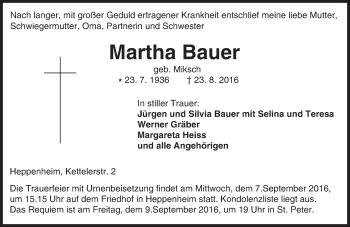 Traueranzeige von Martha Bauer von Trauerportal Echo Online