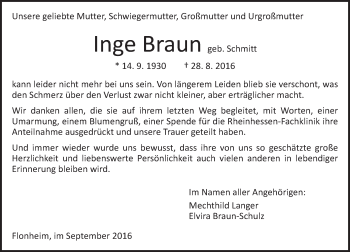 Traueranzeige von Inge Braun von Trauerportal Rhein Main Presse