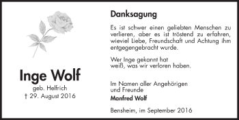 Traueranzeige von Inge Wolf von Trauerportal Rhein Main Presse