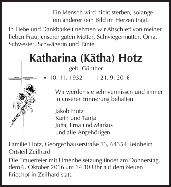 Traueranzeige von Katharina Hotz von Trauerportal Echo Online