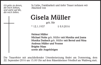 Traueranzeige von Gisela Müller von Trauerportal Rhein Main Presse