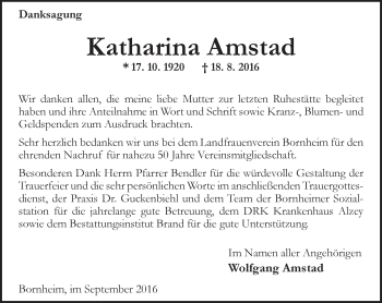 Traueranzeige von Katharina Amstad von Trauerportal Rhein Main Presse