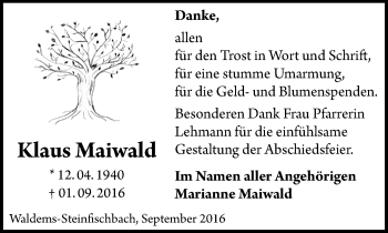 Traueranzeige von Klaus Maiwald von  Camberger Anzeiger