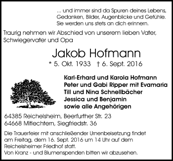 Traueranzeige von Jakob Hofmann von Trauerportal Echo Online