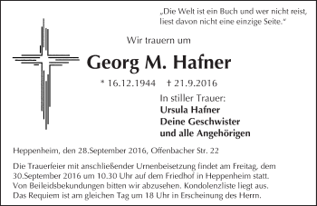Traueranzeige von Georg M. Hafner von Trauerportal Echo Online