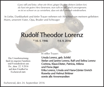Traueranzeige von Rudolf Theodor Lorenz von  Kreisanzeiger