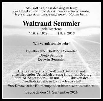 Traueranzeige von Waltraud Semmler von  Gießener Anzeiger