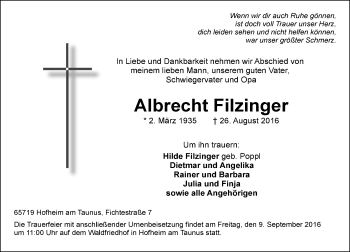 Traueranzeige von Albrecht Filzinger von Trauerportal Rhein Main Presse