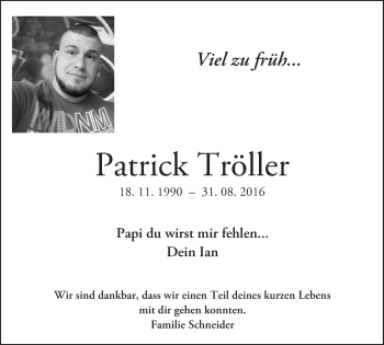 Traueranzeige von Patrick Tröller von VRM Trauer