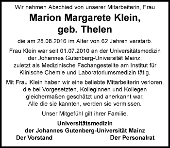 Traueranzeige von Marion Margarete Klein von Trauerportal Rhein Main Presse