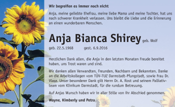 Traueranzeige von Anja Bianca Shirey von Trauerportal Echo Online