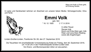 Traueranzeige von Emmi Volk von  Gießener Anzeiger