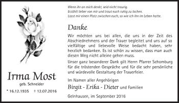 Traueranzeige von Irma Most von  Gelnhäuser Tageblatt