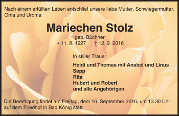 Traueranzeige von Mariechen Stolz von Trauerportal Echo Online