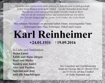 Traueranzeige von Karl Reinheimer von Trauerportal Echo Online
