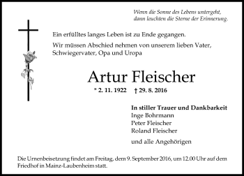 Traueranzeige von Artur Fleischer von Trauerportal Rhein Main Presse