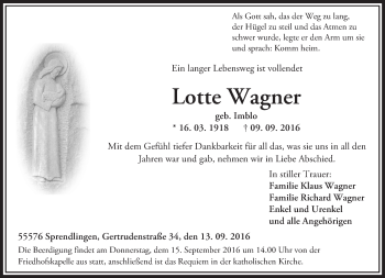 Traueranzeige von Lotte Wagner von Trauerportal Rhein Main Presse