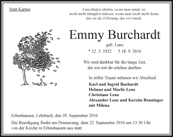 Traueranzeige von Emmy Burchardt von VRM Trauer