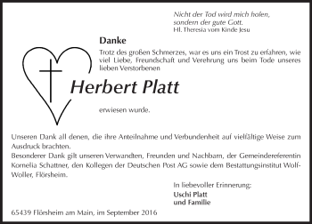 Traueranzeige von Herbert Platt von Trauerportal Rhein Main Presse