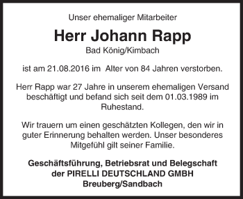 Traueranzeige von Johann Rapp von Trauerportal Echo Online