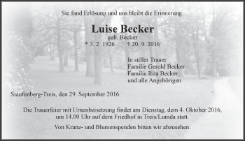 Traueranzeige von Luise Becker von  Gießener Anzeiger