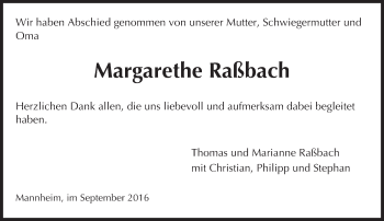 Traueranzeige von Margarethe Raßbach von Trauerportal Rhein Main Presse