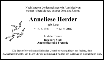 Traueranzeige von Anneliese Herder von Trauerportal Rhein Main Presse