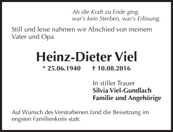 Traueranzeige von Heinz-Dieter Viel von Trauerportal Rhein Main Presse
