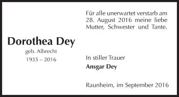 Traueranzeige von Dorothea Dey von Trauerportal Rhein Main Presse