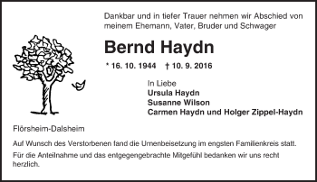 Traueranzeige von Bernd Haydn von Trauerportal Rhein Main Presse