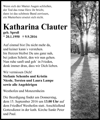 Traueranzeige von Katharina Clauter von Trauerportal Rhein Main Presse