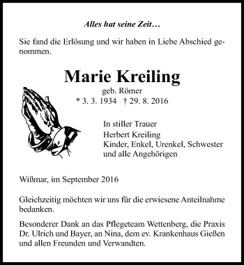 Traueranzeige von Marie Kreiling von  Gießener Anzeiger
