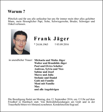 Traueranzeige von Frank Jäger von Trauerportal Echo Online