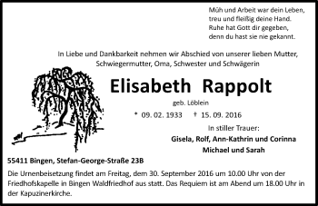 Traueranzeige von Elisabeth Rappolt von Trauerportal Rhein Main Presse