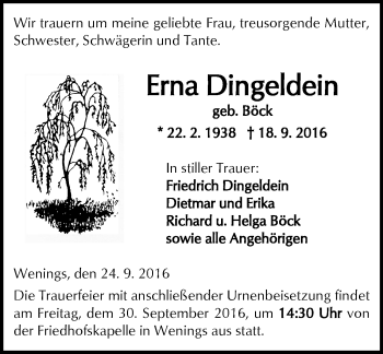 Traueranzeige von Erna Dingeldein von  Kreisanzeiger