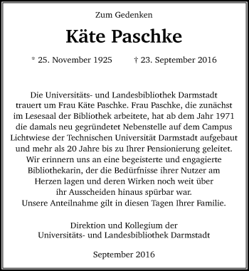 Traueranzeige von Käte Paschke von Trauerportal Echo Online