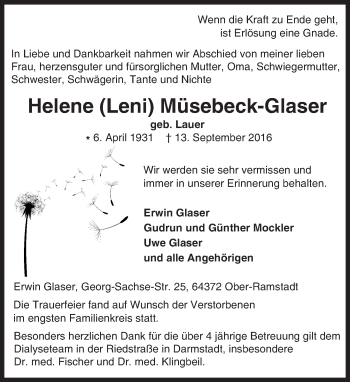 Traueranzeige von Helene Leni Müsebeck-Glaser von Trauerportal Echo Online