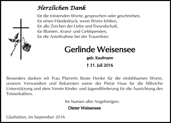 Traueranzeige von Gerlinde Weisensee von  Kreisanzeiger
