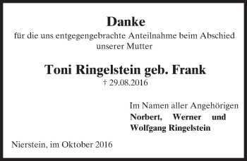 Traueranzeige von Toni Ringelstein von Trauerportal Rhein Main Presse