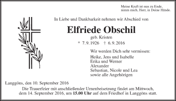 Traueranzeige von Elfriede Obschil von  Gießener Anzeiger