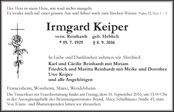 Traueranzeige von Irmgard Keiper von Trauerportal Rhein Main Presse