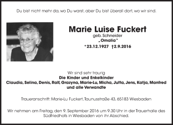 Traueranzeige von Marie Luise Fuckert von Trauerportal Rhein Main Presse
