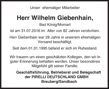 Traueranzeige von Wilhelm Giebenhain von Trauerportal Echo Online