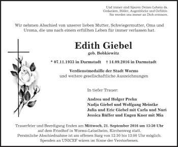 Traueranzeige von Edith Giebel von Trauerportal Rhein Main Presse
