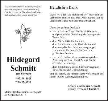 Traueranzeige von Hildegard Schmitt von Trauerportal Rhein Main Presse