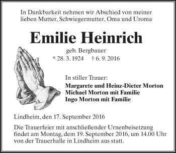 Traueranzeige von Emilie Heinrich von  Kreisanzeiger