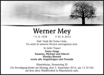 Traueranzeige von Werner Mey von Trauerportal Rhein Main Presse