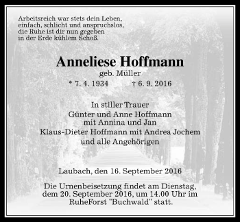 Traueranzeige von Anneliese Hoffmann von  Gießener Anzeiger