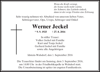 Traueranzeige von Werner Jeckel von  Camberger Anzeiger
